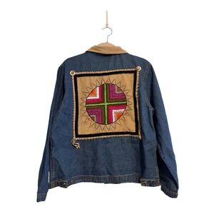 Vintage Denim Jacket Women's Small Embroidered Southwestern Collar Zip Up Small
